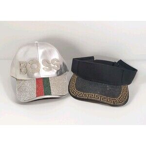 VERA NY Bling Hat & Visor Black Silver Adjustable Rhinestone PU